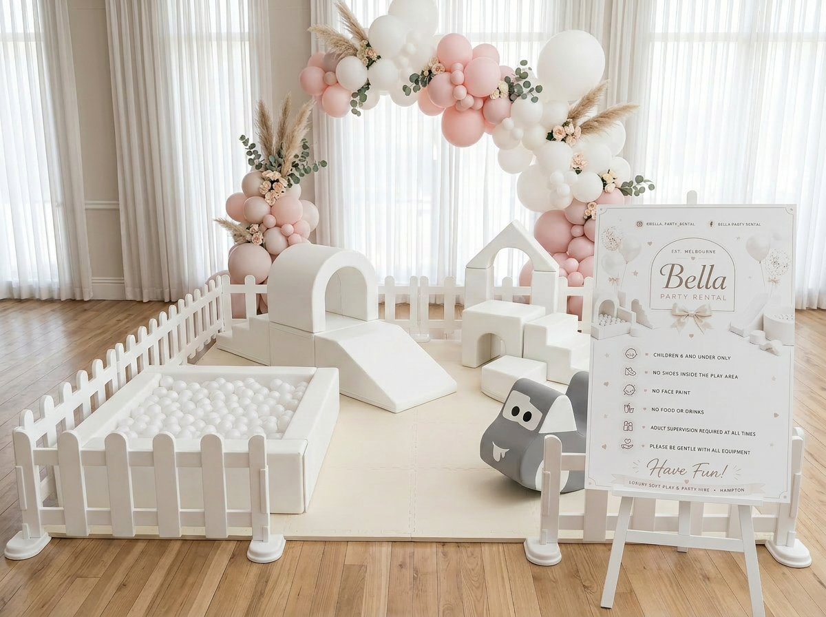 Bella Party Rental white soft play setup — Baby Shower