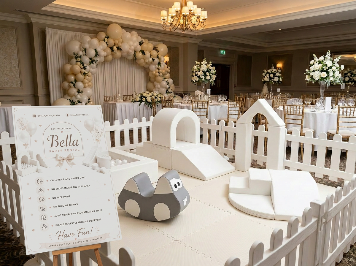 Bella Party Rental white soft play setup — Christening