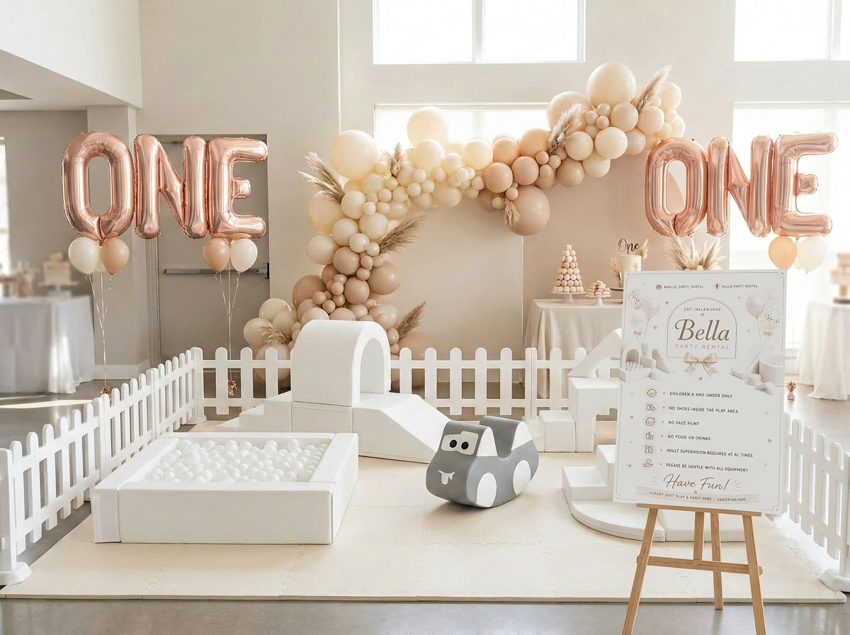 Bella Party Rental white soft play setup — Twin First Birthday