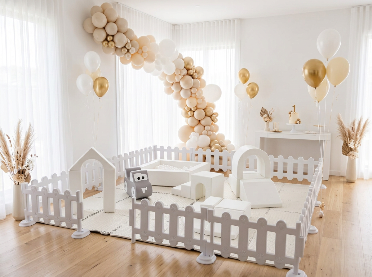 Luxury white soft play setup with ball pit, climber, slide and rocker styled for a first birthday party